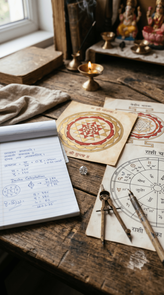 Birth Chart calculations on paper sheets, Star position calculating tools lying on the wooden table. Concept of Jyotish astrological birth chart mentoring advice and consultation on gemstone astrological remedies.