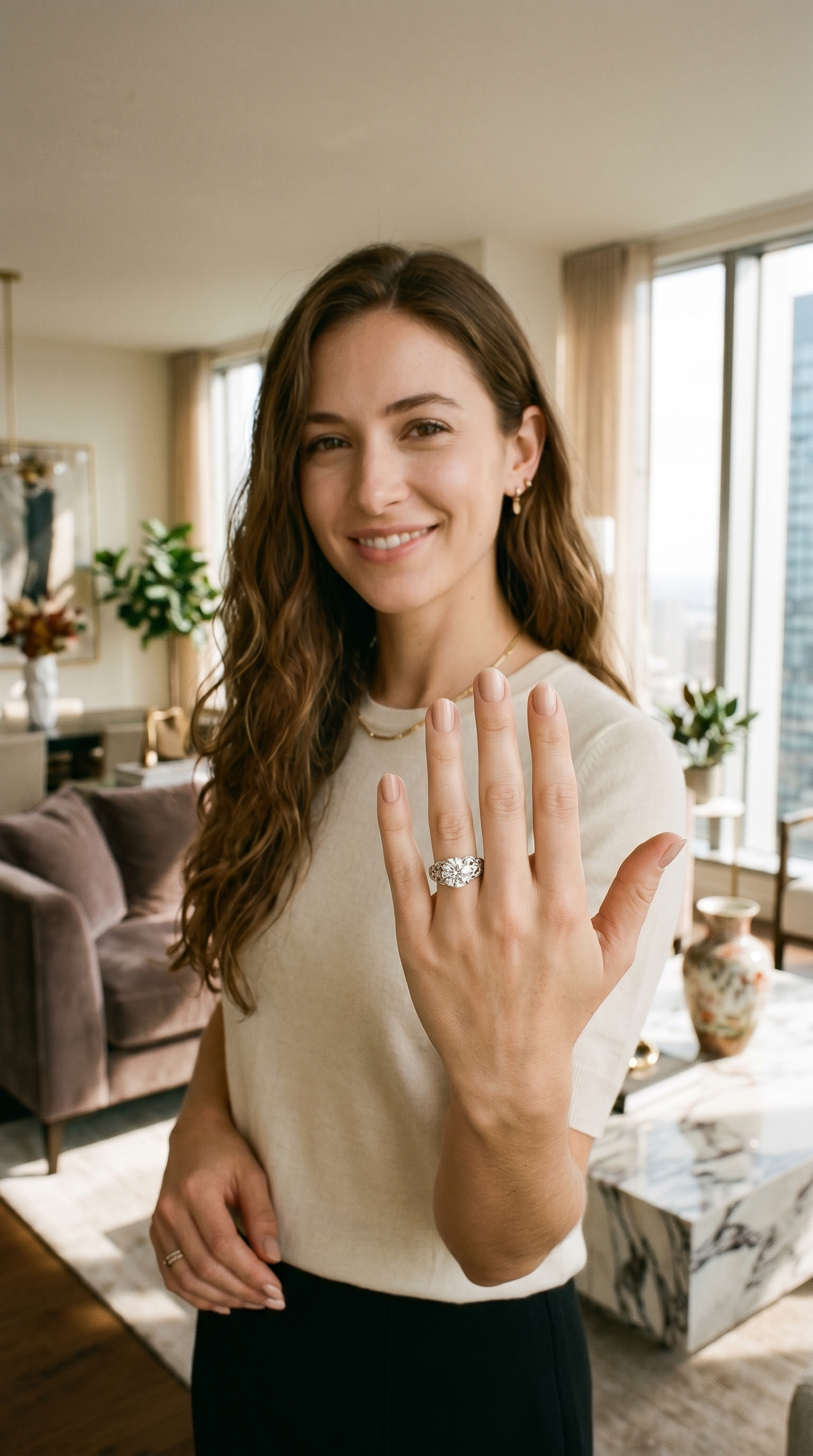A happy young woman showcasing a hand with a diamond ring as a Birth Chart remedy on it. Symbol of astrologer advice, Jyotish consultation and birth chart remedies that result in benefits in the modern life.