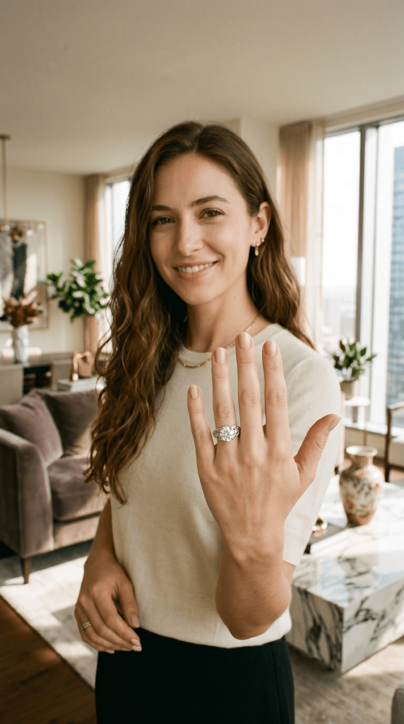 A happy young woman showcasing a hand with a diamond ring as a Birth Chart remedy on it. Symbol of astrologer advice, Jyotish consultation and birth chart remedies that result in benefits in the modern life.