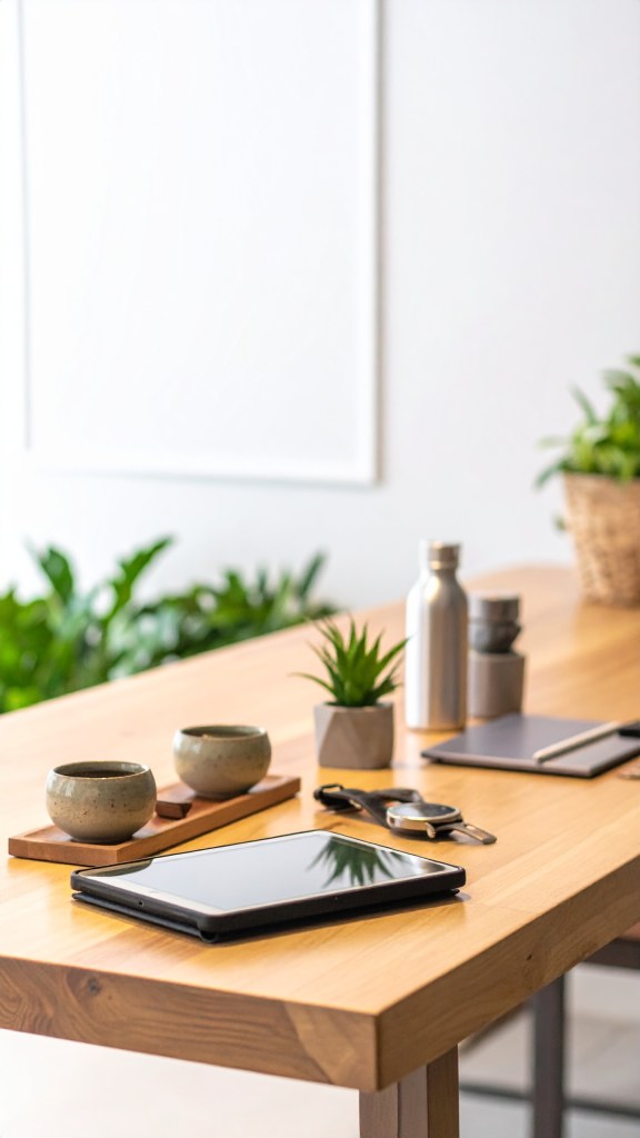 A close-up of a business modern wooden table. The table is adorned with Ayurvedic herbs in small ceramic pots and minimalist business gadgets like a tablet, watch and a modern water bottle. Concept of vedic business mentoring and coaching.