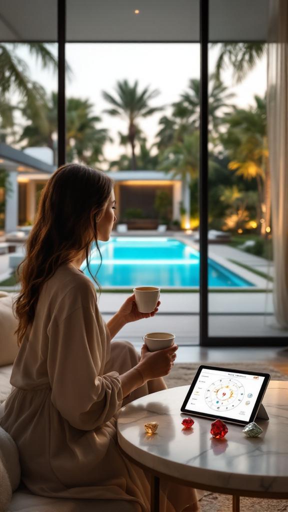 A woman sitting in a lounge of a villa looking at the swimming pool and luxury garden, enjoying wellness and mindfulness by applying Gyana modern Ayurveda system and practices.