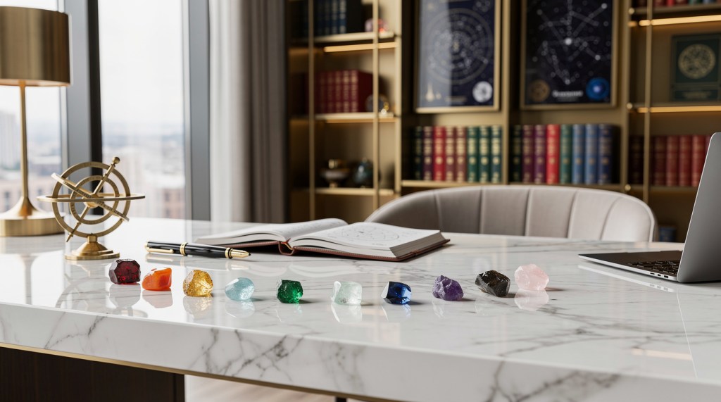 Genstone remedies in a modern office table near windpw on the elegant light grey marble table of the Jyotish mentor.