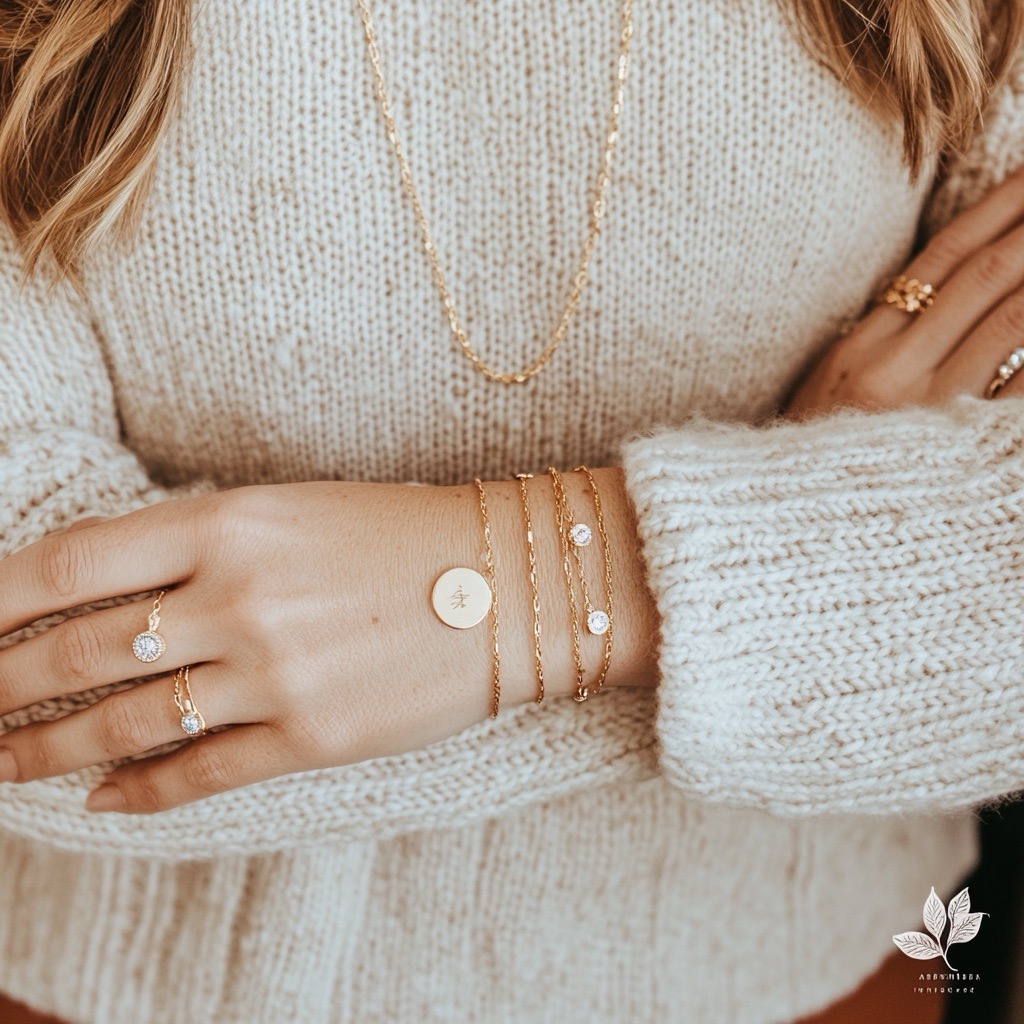 Closeup on woman's hands with elegant golden bracelet on wrist and astrological Jyotish gemstone birth chart remedies on fingers.