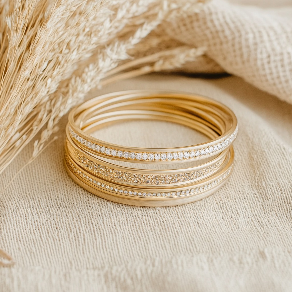A closeup on modern light golden elegant bangle set on a light linen fabric background with diamond gemstones as a astrological remedy concept