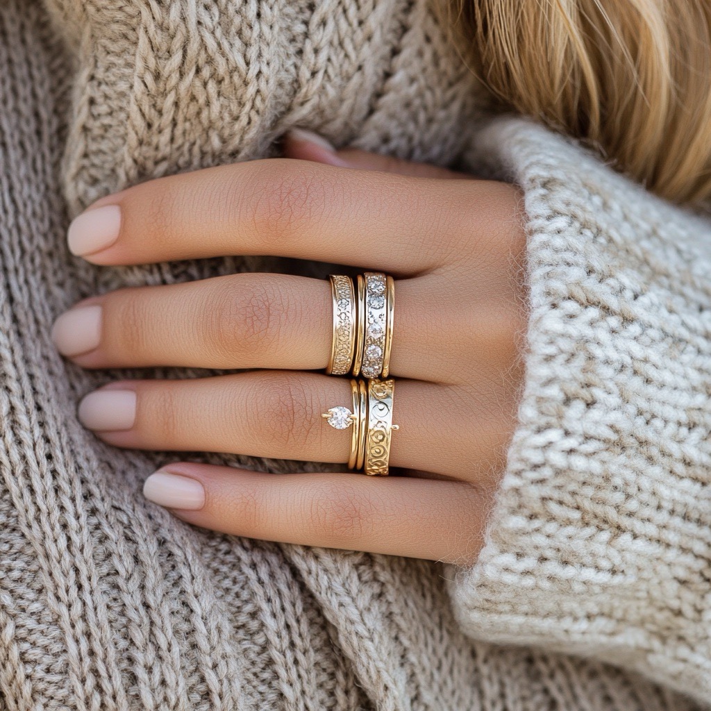 A closup on a hand of a woman dressed in modern wool greylight sweater with gemstone astrological birthchart remedies on her fingers. Concept of Jyotish consulting and birthchart remedy advice
