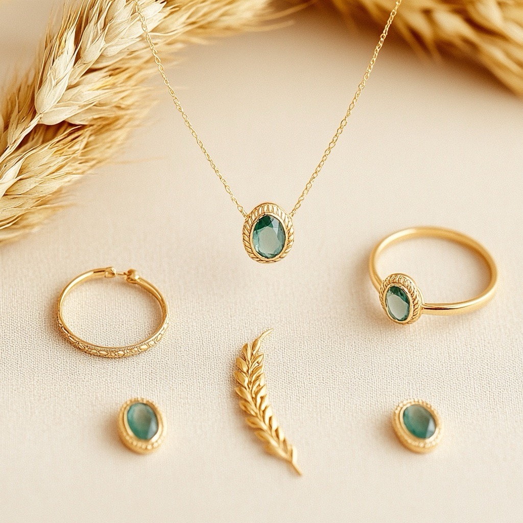 A closup on a elegant modern light jewellery set in gold on a beige background consisting of gemstone remedy pendant, rings and earrings with astrological gemstones remedy symbolizing Jyotish birthchart consultation and remedy advice.