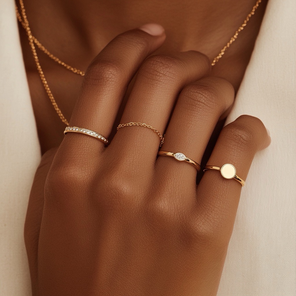Closup on a dark woman's hand and fingers with neat luxury diamond rings - a symbol of happy life and modern application of ancient Jyotish astrological birthchart gemstone remedies.
