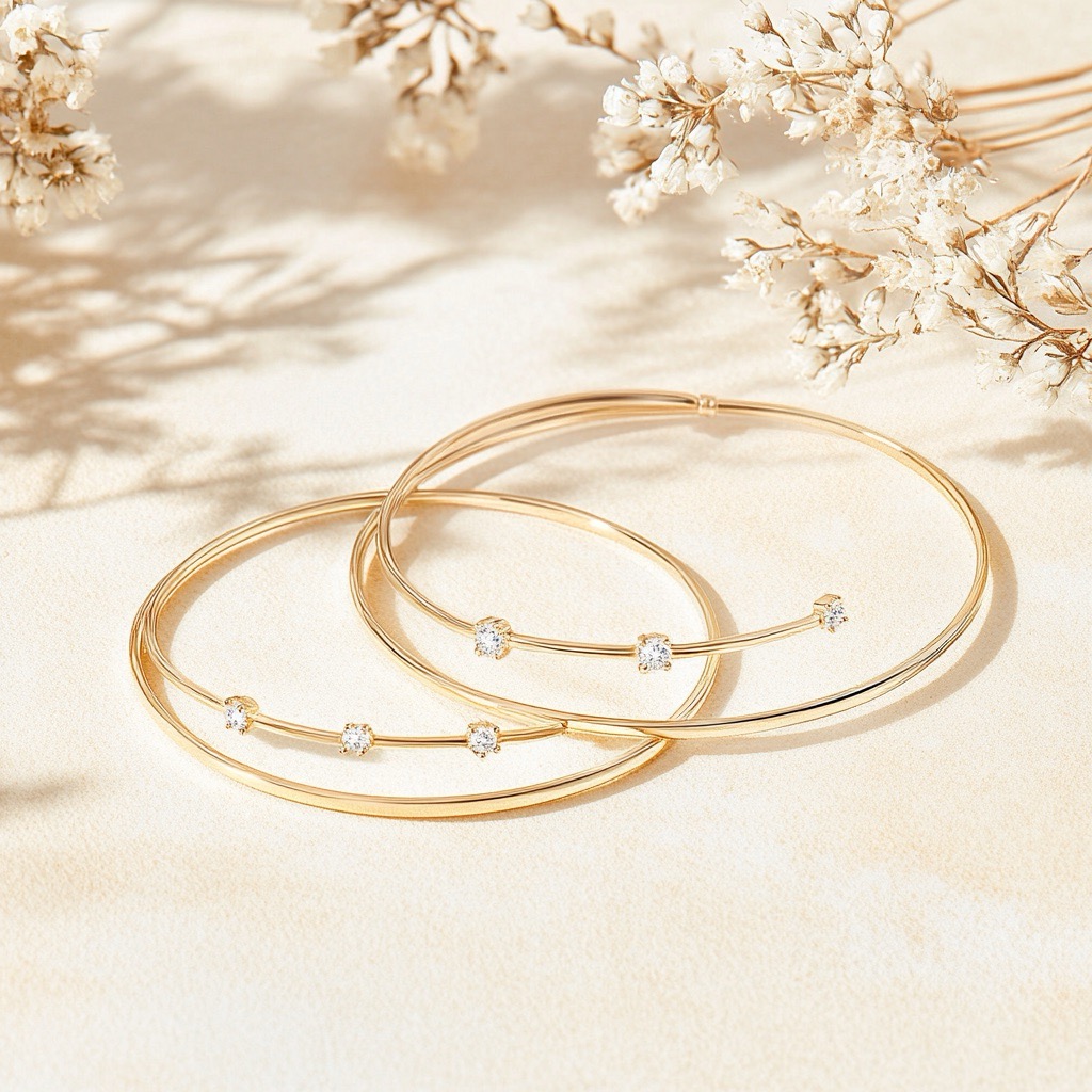 Closeup of two thin golden elegant diamond bracelets - on a sunlight beige background, a symbol of Jyotish astrological birthchart remedies