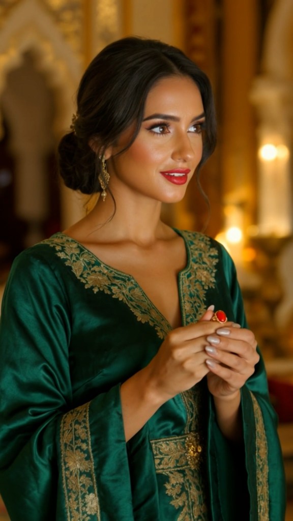 A portrait of modern elegant woman dressed in a light silky kaftan of green and golden embroidry happily holding a ring of colar gemstone as a birth chart remedy received from jyotish astrologer consultant