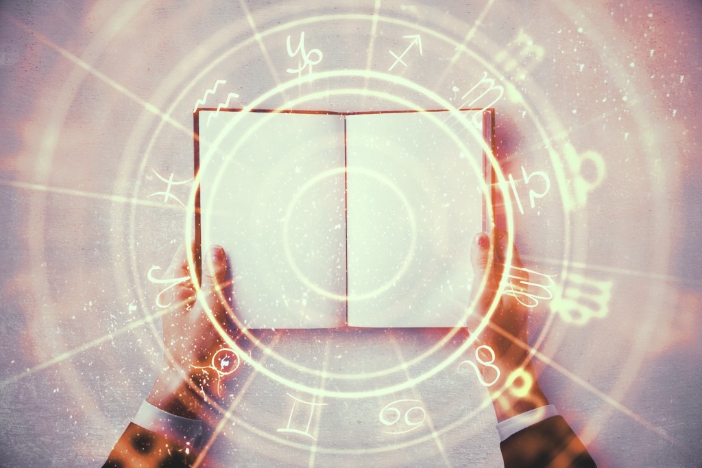 Open book concept on a background of astrological zodiac signs. Concept of Jyotish and astrology advise for birth charts, remedies and ancient tools and their application in the modern life.