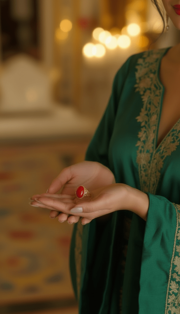 Closeup on elegant and modern lady's hands respectfully and happilly holding a coral gemstone birth chart remedy just presented to her by Gyana jyotish astrologer during consultation and mentoring session. Lady is dressed in an elegant golden with emerald silk kaftan, emphasizing modern lifestyle and elegance.