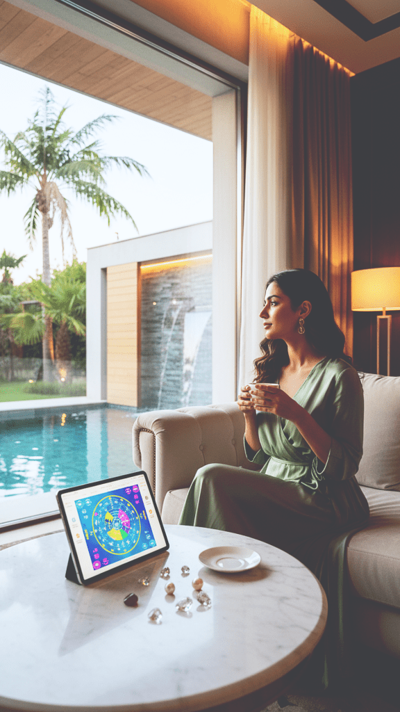 Woman sitting in a moden villa lounge looking to the garden with the pool, water feature and a palm modern setting. Woman wears light silk clothes and holds a cup of coffee, looking mindfully and relaxing with a table in front of her carrying stone birth chart remedies and tablet with birth chart and ayurvedic concepts.
