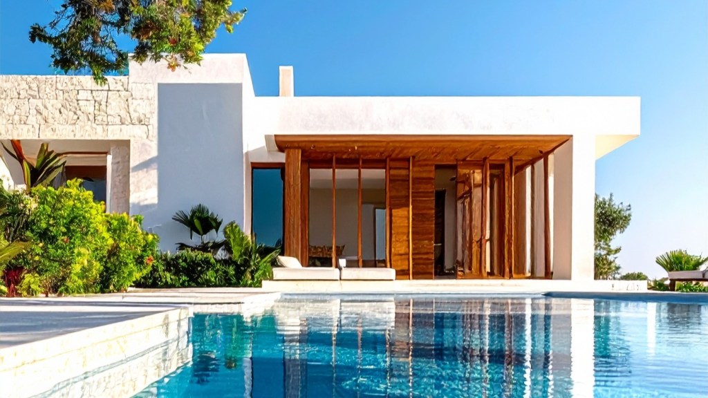 Modern light villa facade with pool opposite to the wood entrance, sunny day, symbolizing tranquility and happiness that result from using Vastu techniques in modern life