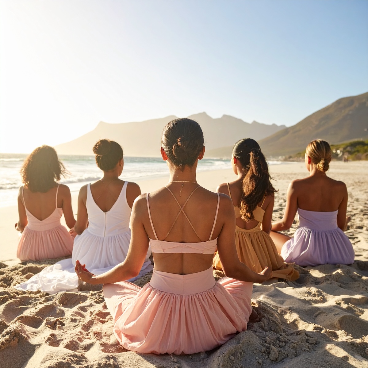 A serene scene captures a group of Gyana community women sitting by the sea, their backs turned as they observe landscape. The sun casts warm, golden rays through the clear sky, creating a peaceful and tranquil community atmosphere. Concept of Gyana community combining ancient knowldge, cultural and historical concepts for the benefit of modern life. 