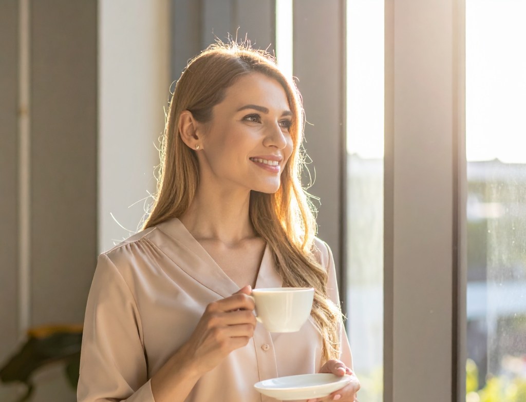 An elegant woman with long, flowing hair and a gentle smile holds a delicate white coffee cup, looking dreamily out the window. The concept of happy mindful modern life brought about by Gyana community and vedic advice tailored for modern lifestyle.