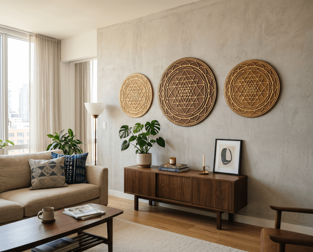 A wall of modern apartment with three Sriyantras on it as a Vastu compensation for modern living, success and well-being in personal and professional life