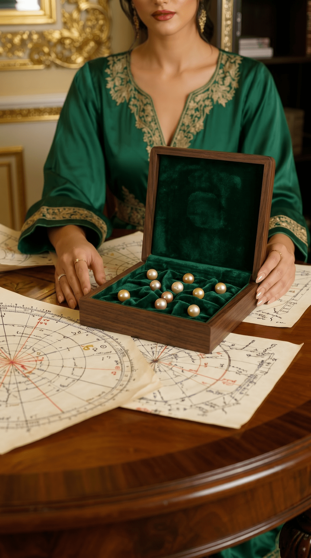 A woman-jyotishi with gem box of gem birth chart remedies. Concept of Jyotish janmkundli assessment and gemstone remedies, life issues correction, birth chart reading.