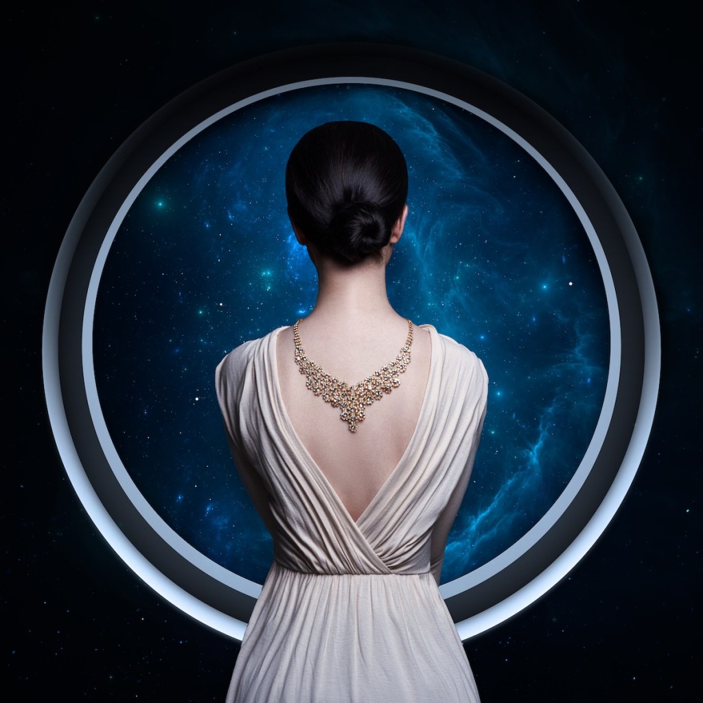 A woman in an elegant cream dress with a gold necklace stands before a circular cosmic window filled with blue nebulae and stars, symbolizing ancient Vedic knowledge, universal energy, and modern wellness.
