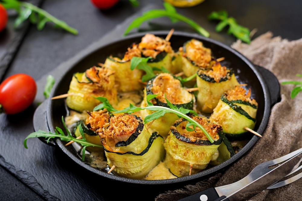 Baked zucchini rolls stuffed with cheese, carrot and chicken breast, ayurvedic zucchini and squash recipes